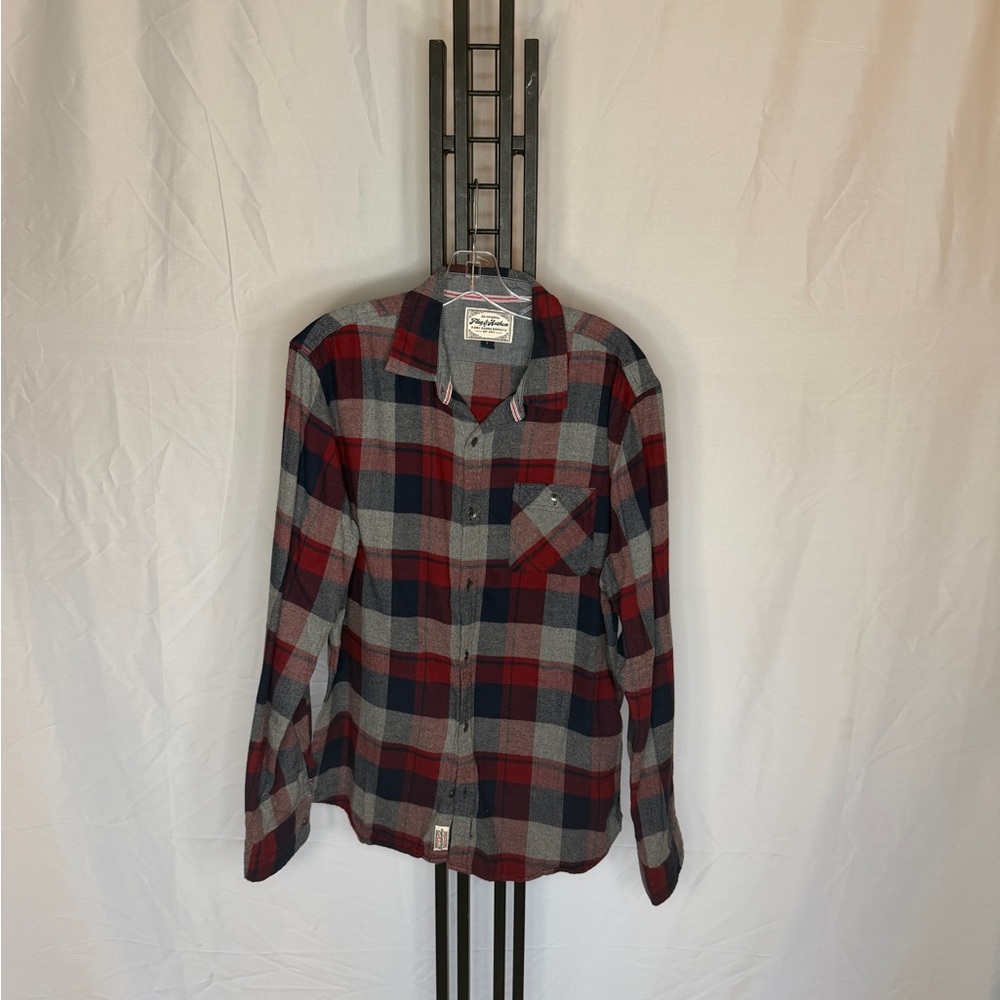 Men's Plaid Button-Down Shirt in Red and Gray